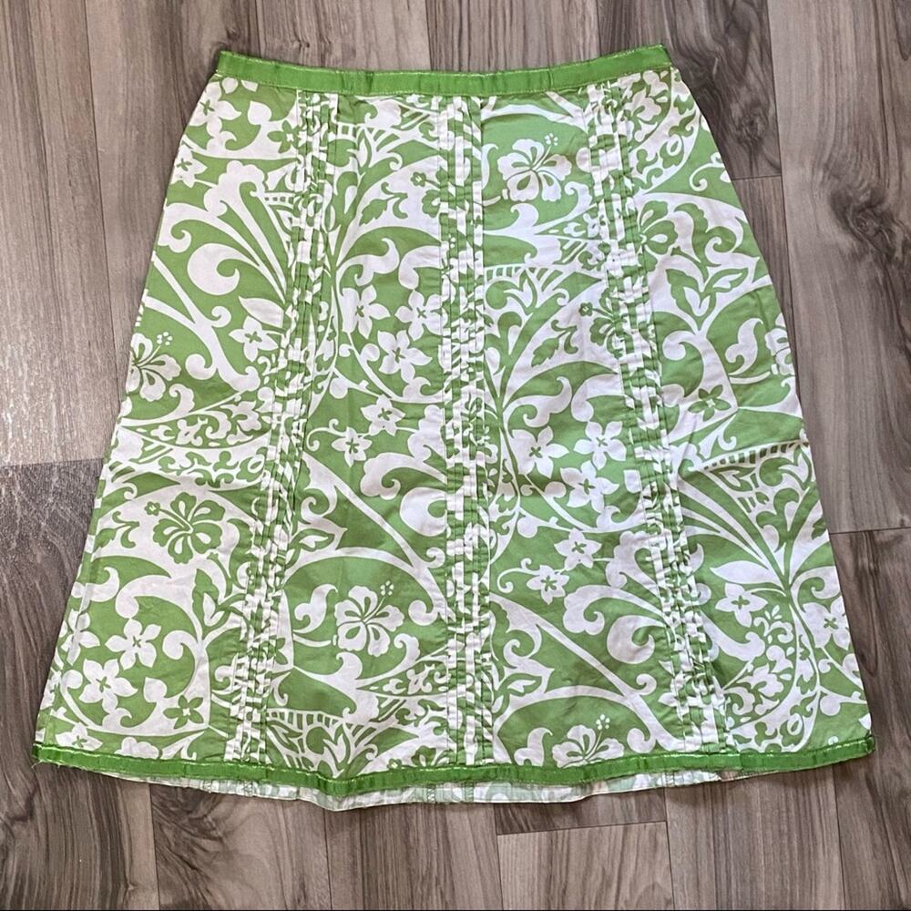Old Navy 2 Green‎ Floral Ribbon Edged Pintucked Unlined A-Line Skirt CUTE!